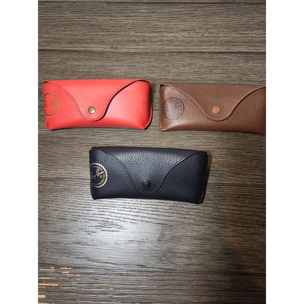 Ray-Ban Sunglasses Case Bundle Set of 3 Red Brown Black Faux Leather Logo Cases